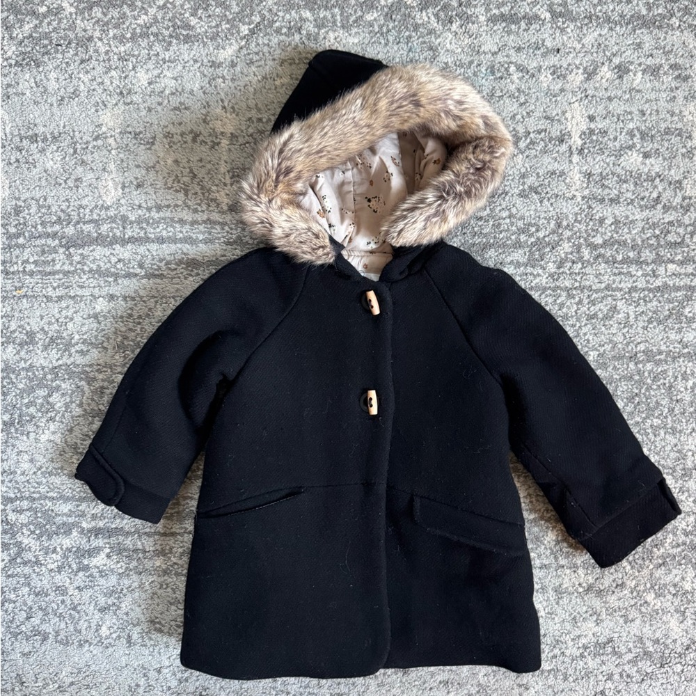 Zara Kids Black Pea Coat with Faux Fur Hood